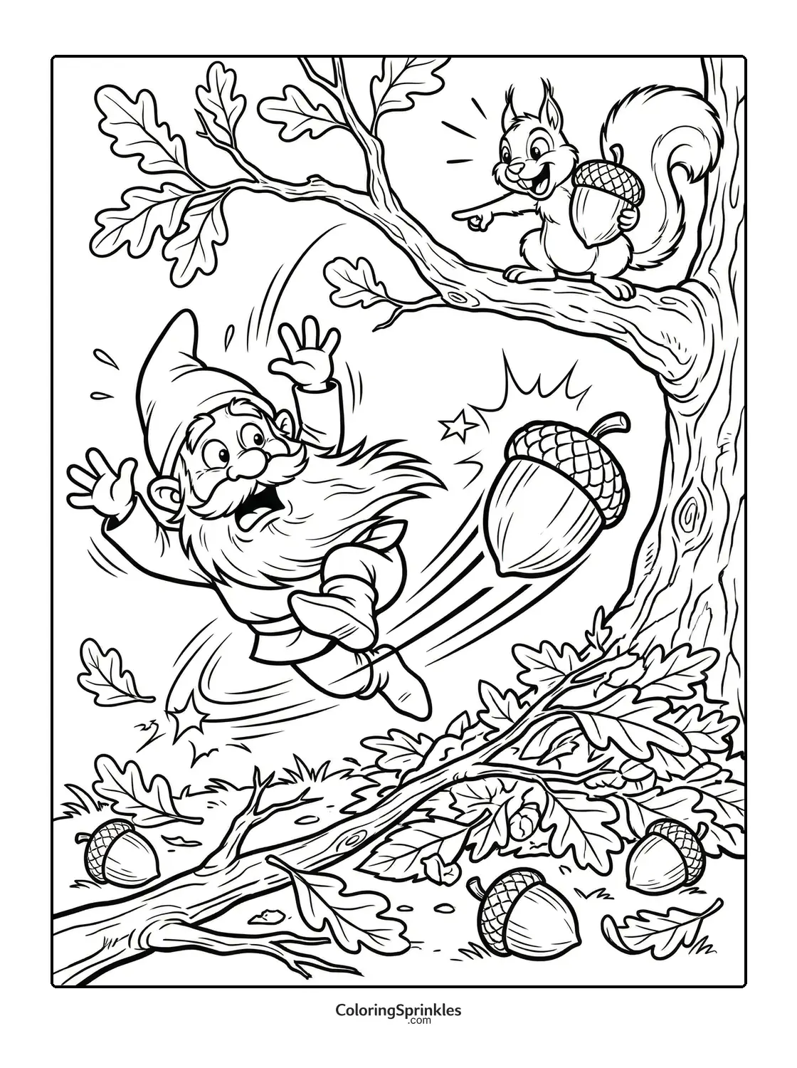 Coloring page of a gnome startled by a squirrel throwing an acorn in a forest