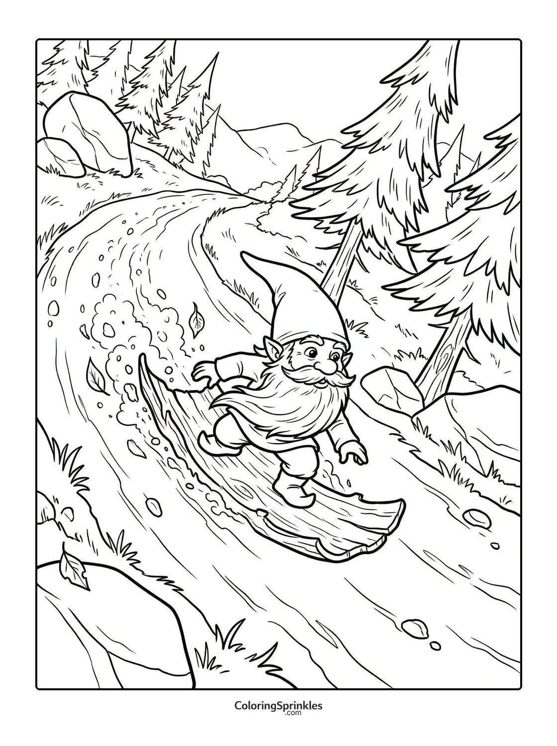 Coloring page of a gnome surfing on a log in a forest stream