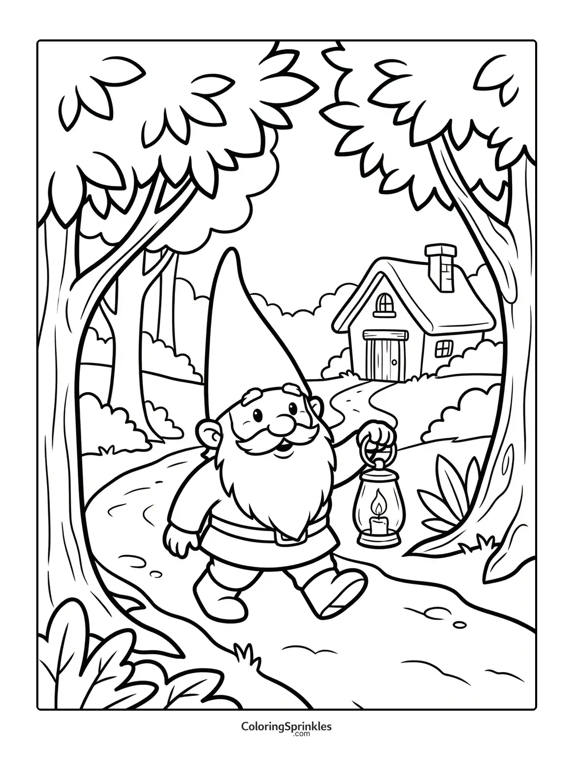 Coloring page of a gnome walking with a lantern in a forest near a cottage