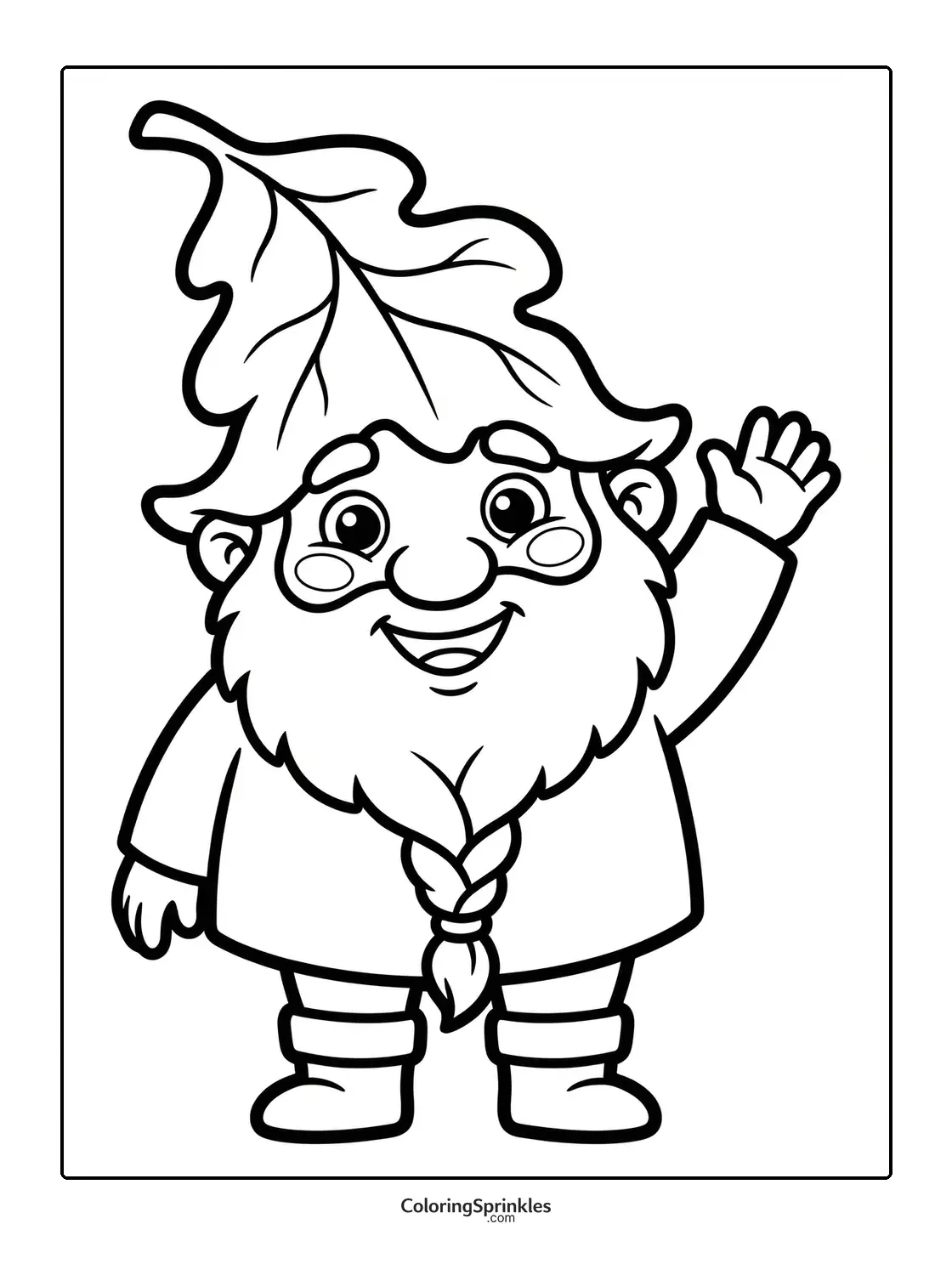Coloring page of a gnome waving with a leaf hat and braided beard
