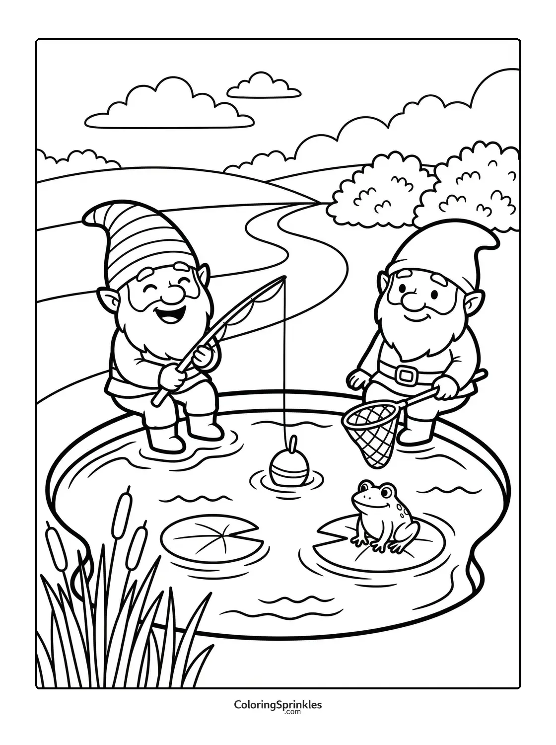 Coloring page of two gnomes fishing in a pond with a frog and lily pads