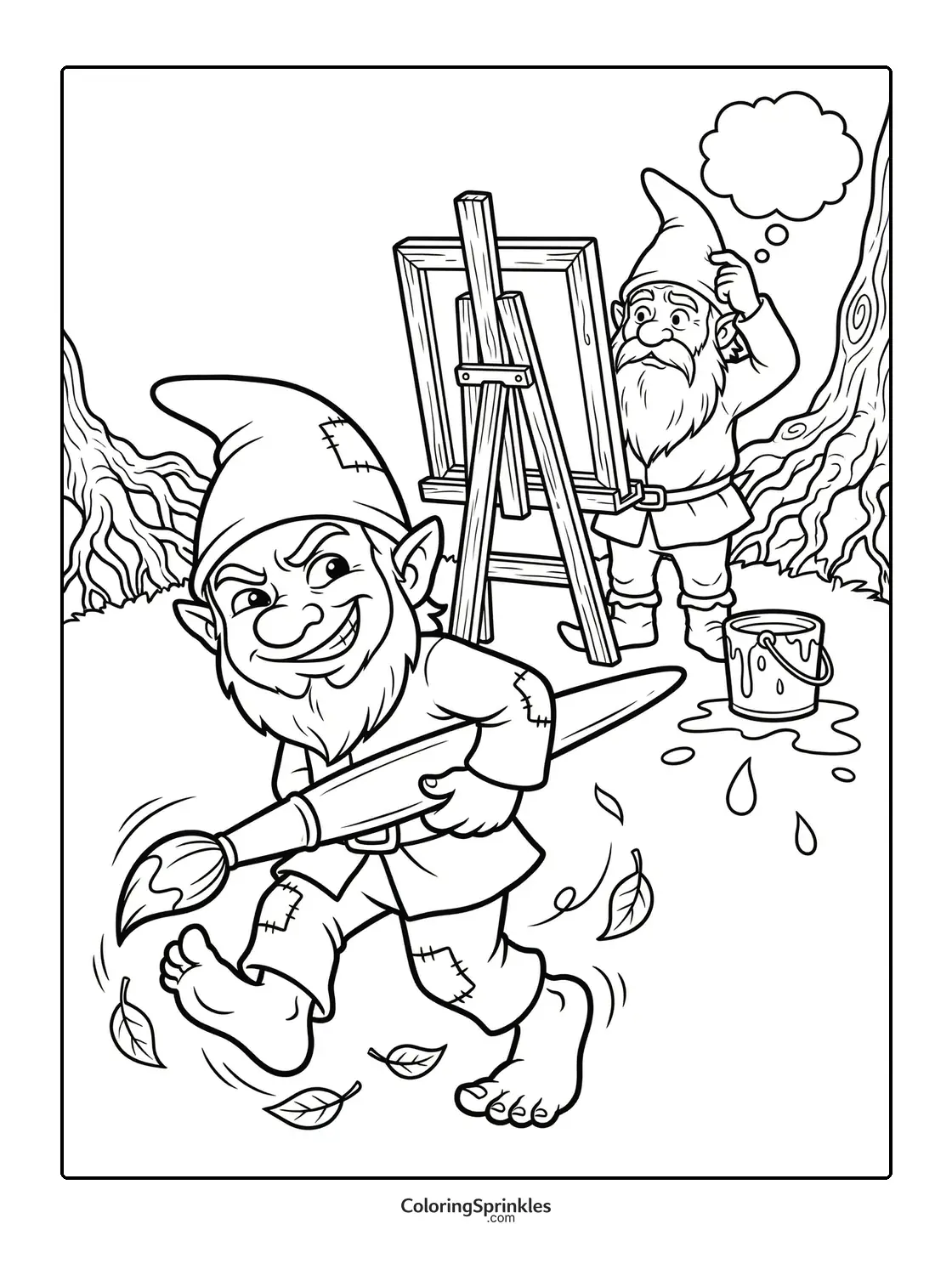 Coloring page of two gnomes painting outdoors with one playing a prank