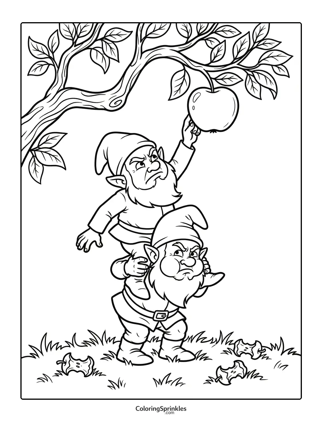 Coloring page of two gnomes picking an apple from a tree