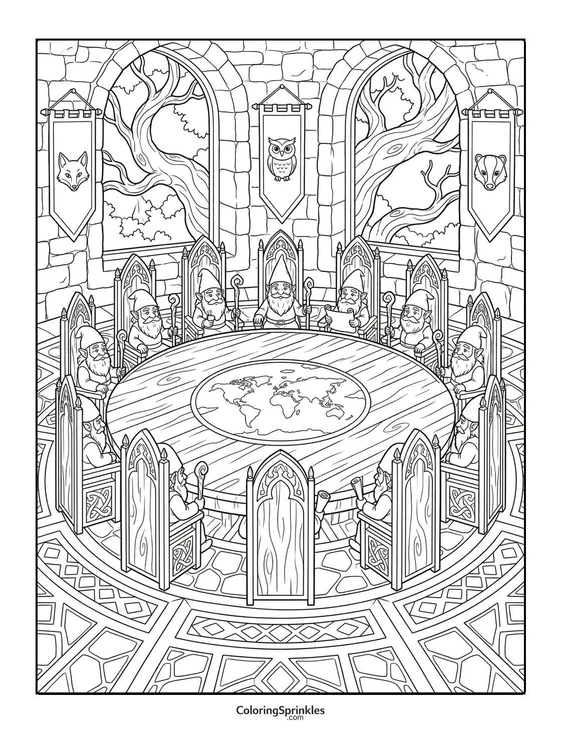 Coloring page of gnomes sitting around a round table with a world map and animal banners