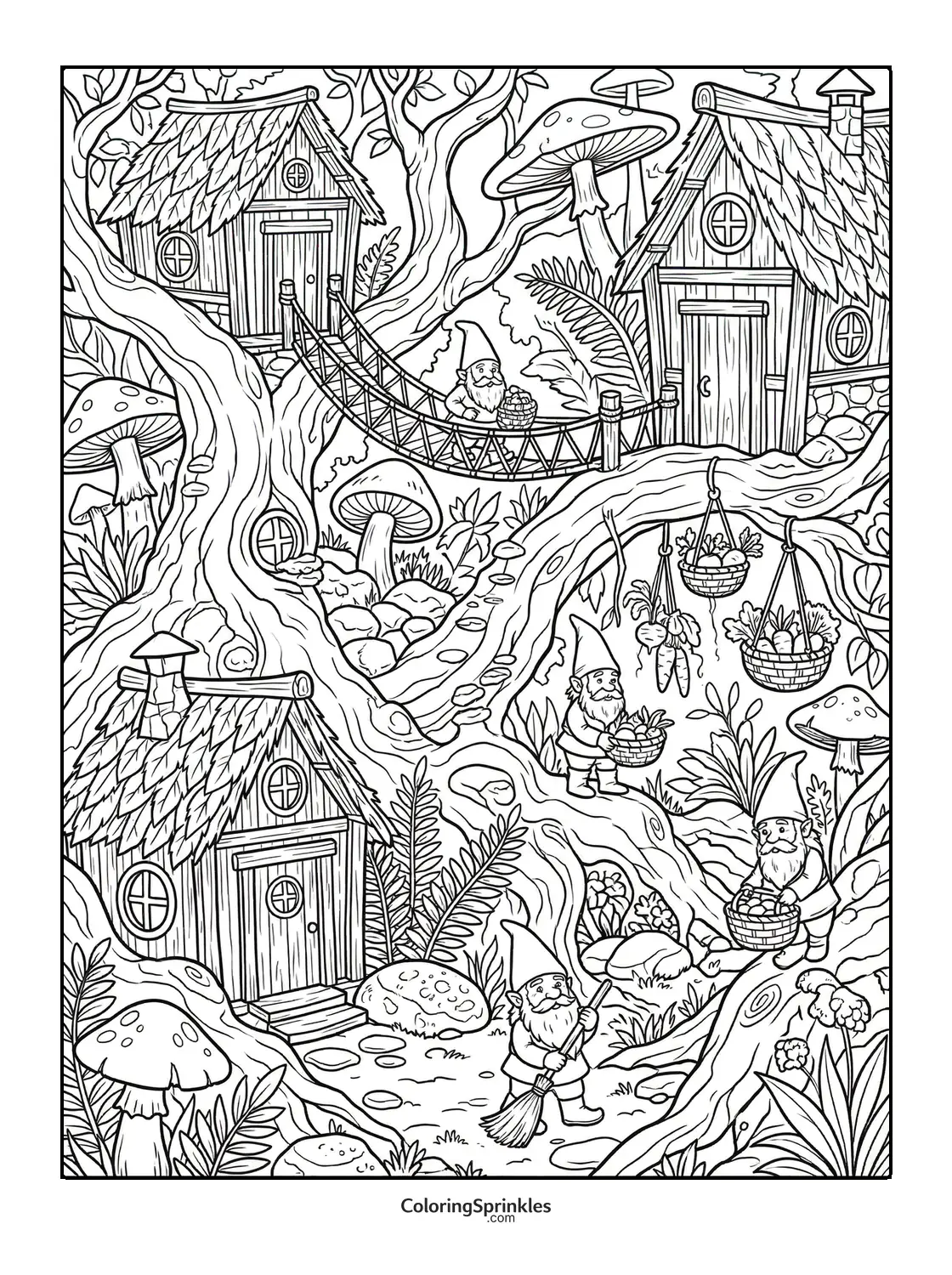 Coloring page of gnomes working around treehouses with mushrooms and garden baskets