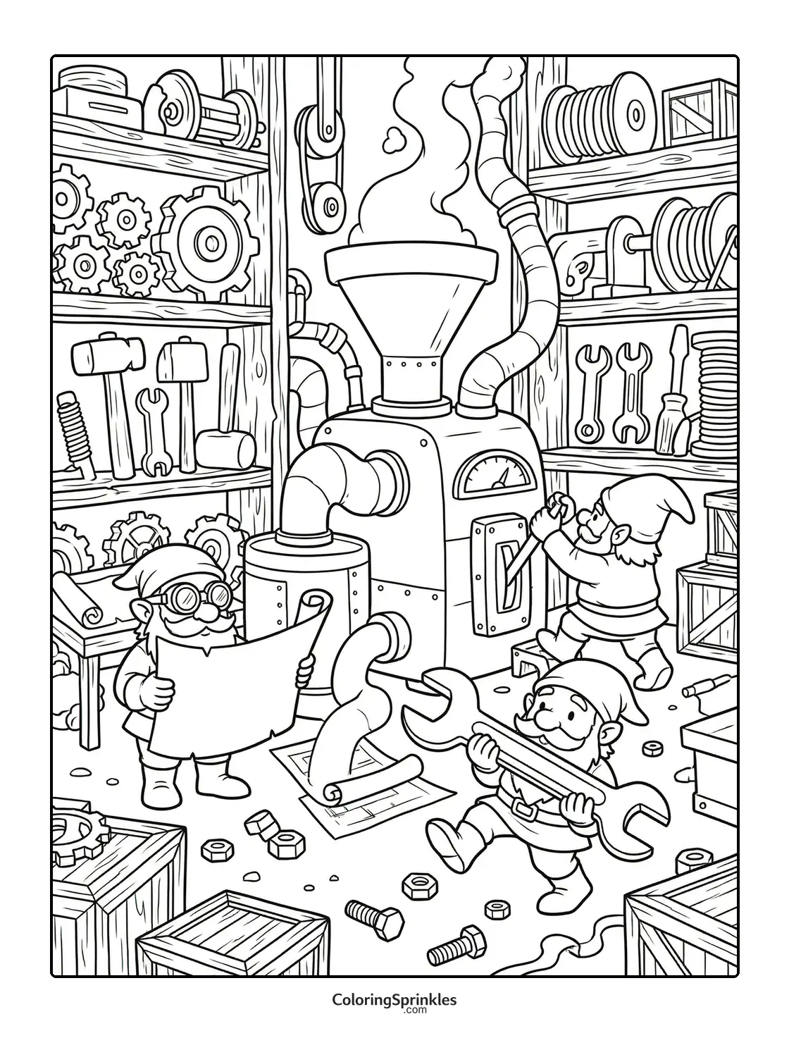 Coloring page of gnomes working in a workshop with a large machine and tools