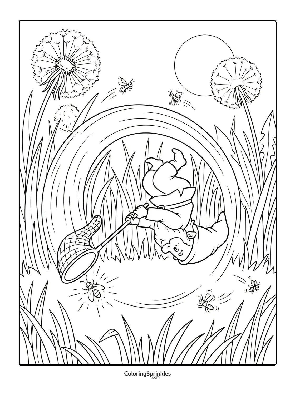 Coloring page of a vampire catching bees with a net among dandelions