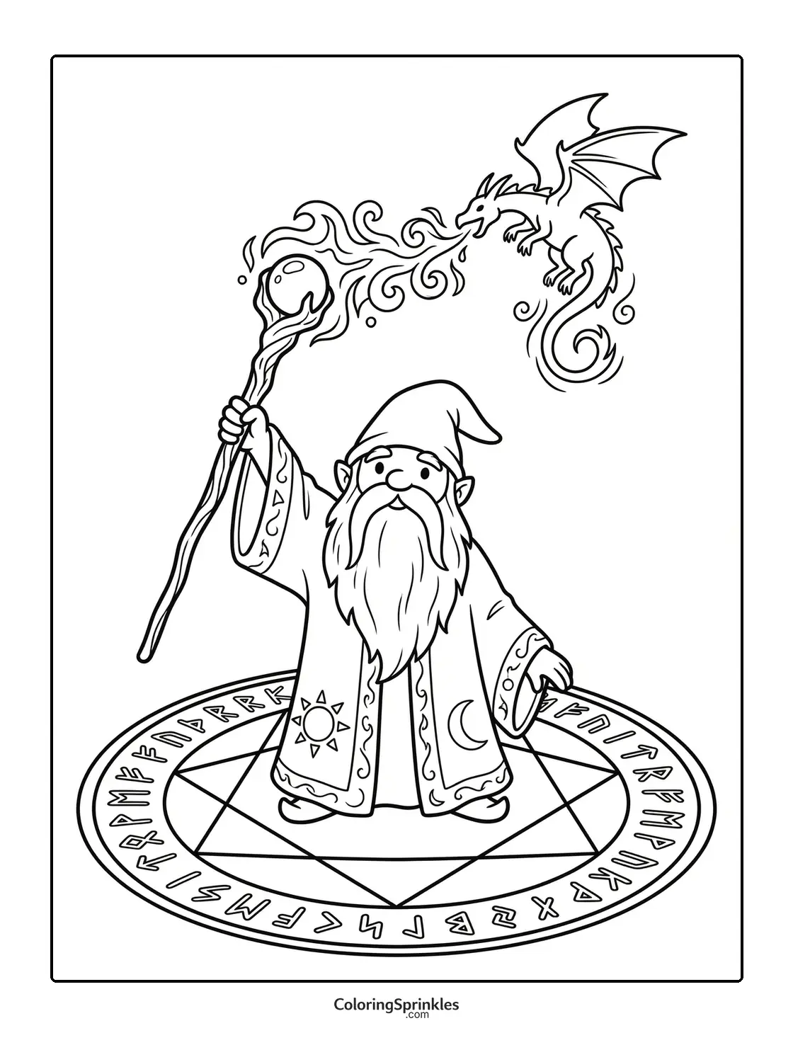 Coloring page of a wizard casting magic with a staff and a dragon above a pentagram with runes