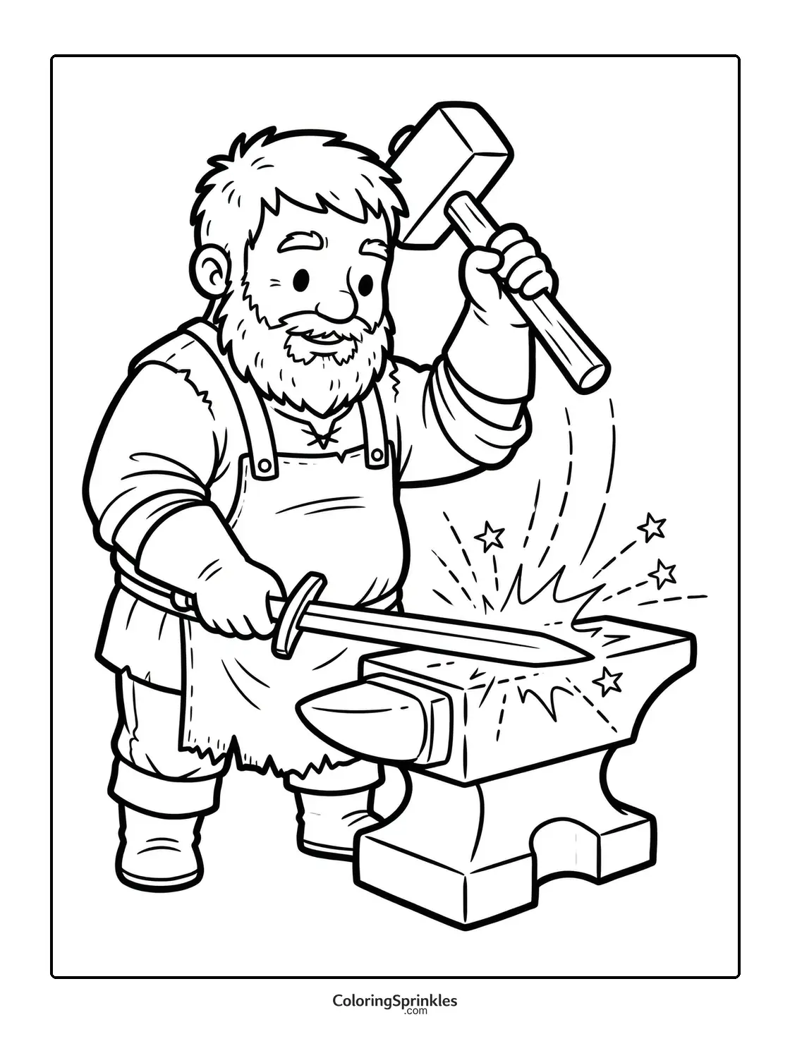 Coloring page of a blacksmith forging a sword on an anvil with a hammer