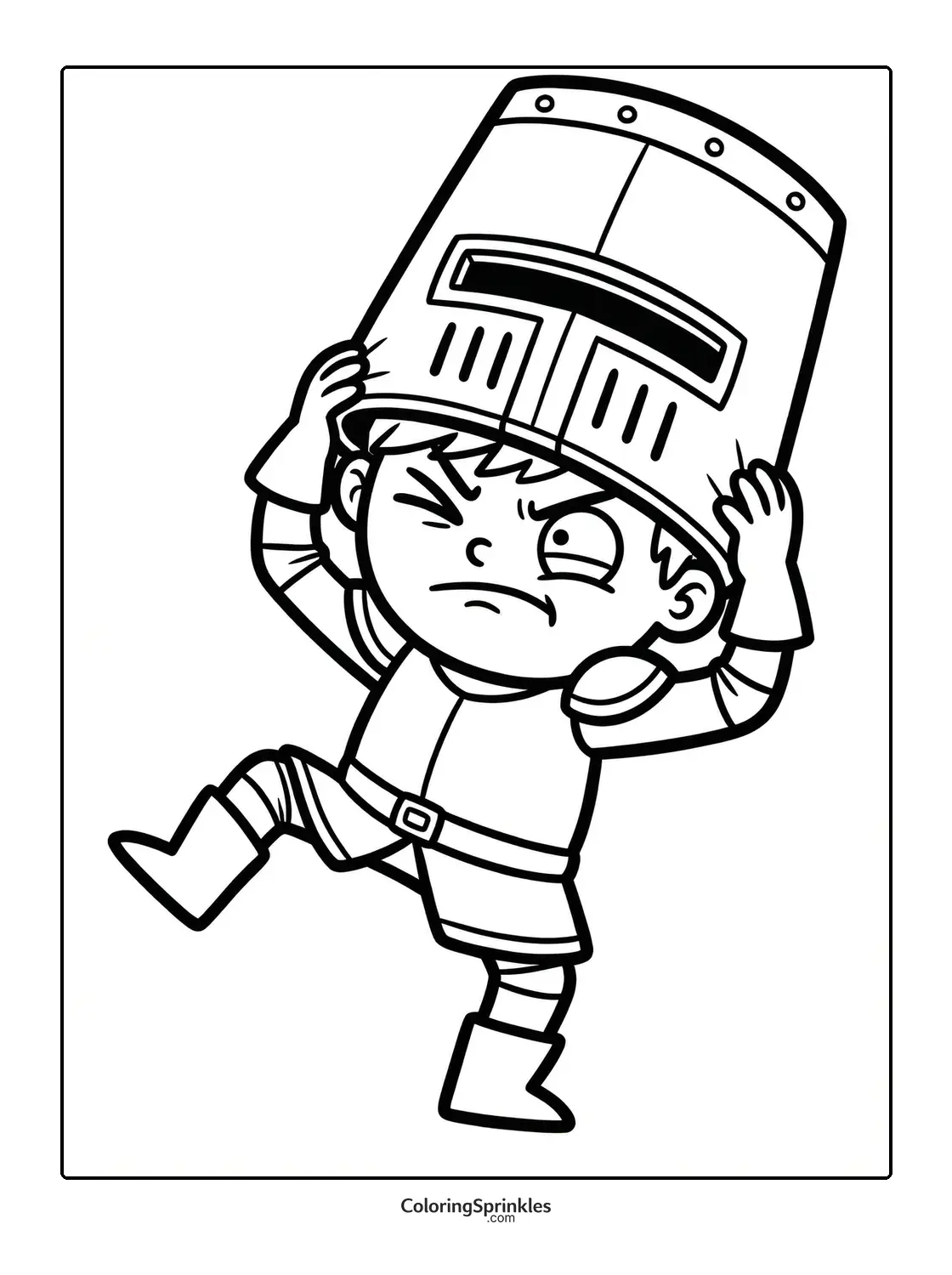 Coloring page of a child knight putting on a helmet