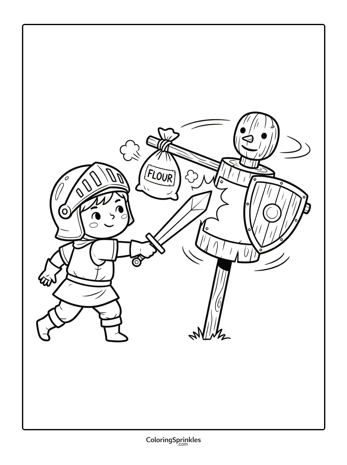 Coloring page of a child knight practicing sword fighting on a wooden training dummy with a flour bag