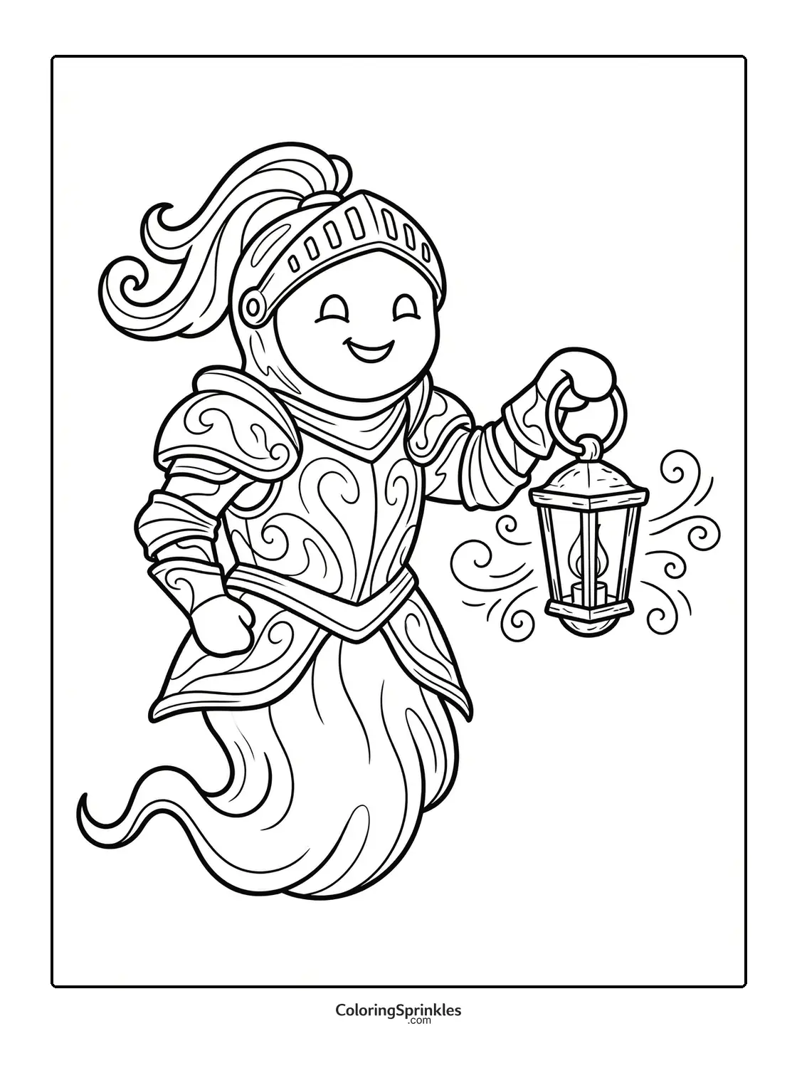 Coloring page of a ghost knight floating and holding a lantern