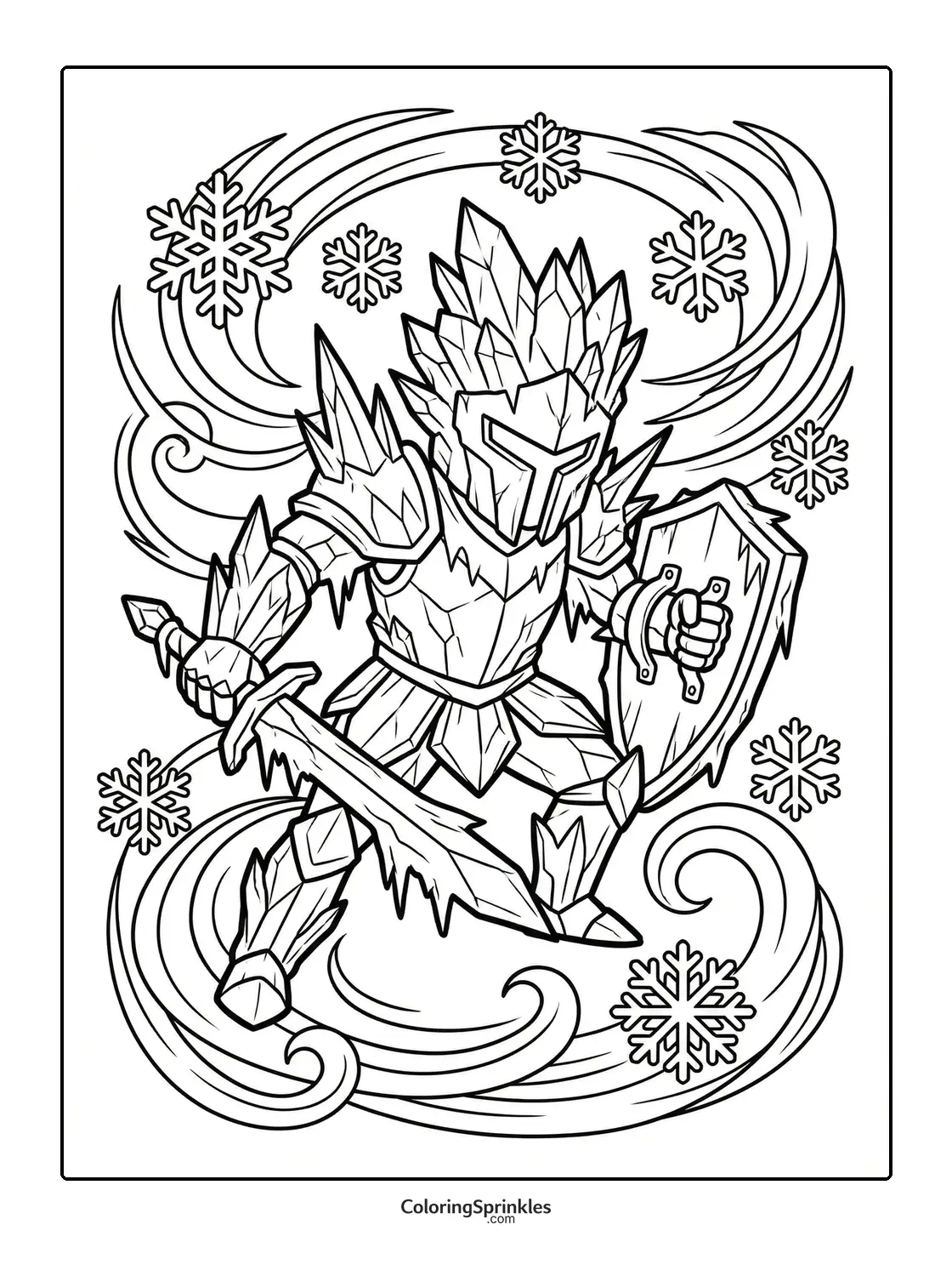Coloring page of an ice knight wielding a sword and shield surrounded by snowflakes