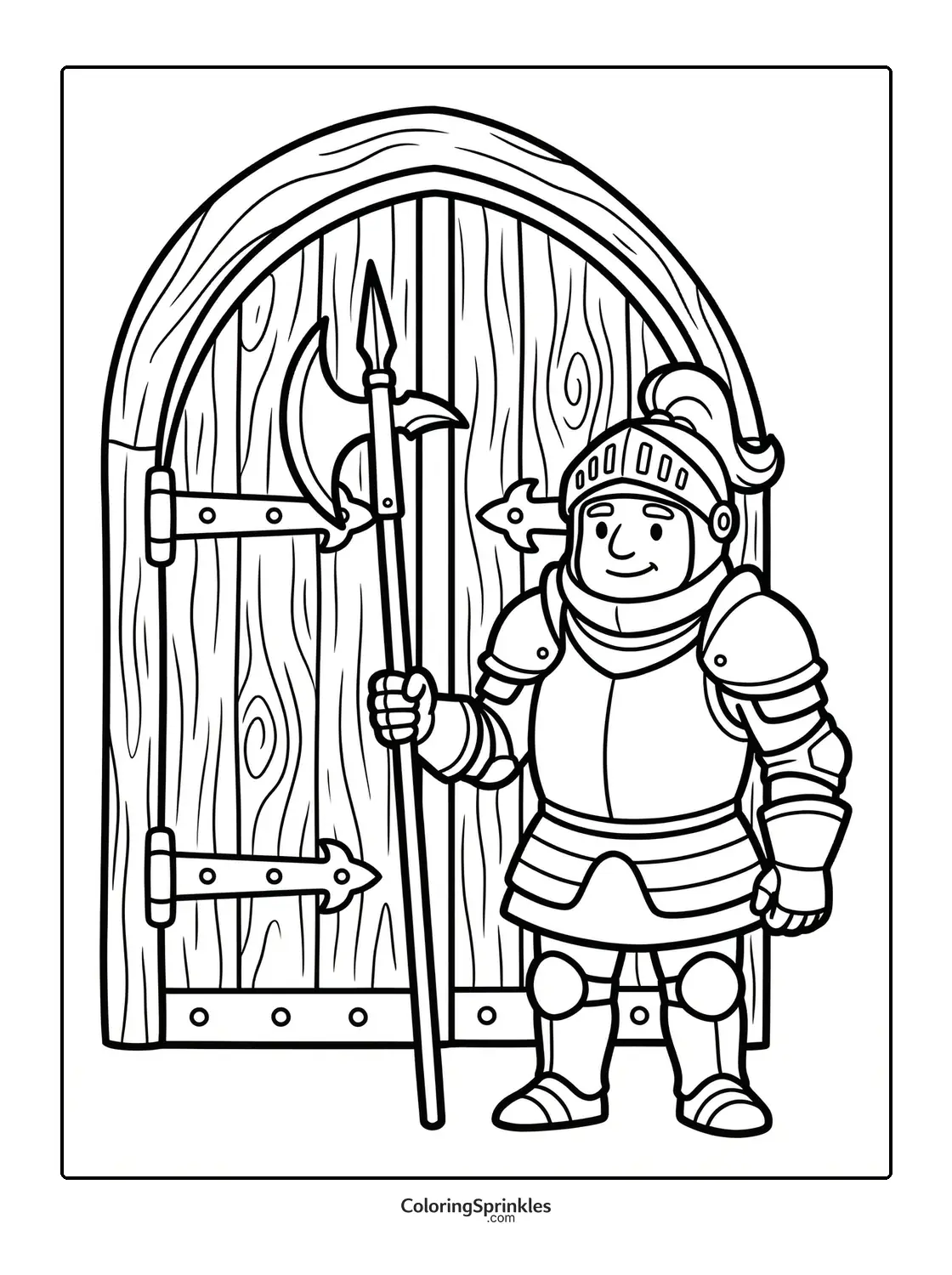 Coloring page of a knight in armor holding a halberd in front of a wooden door