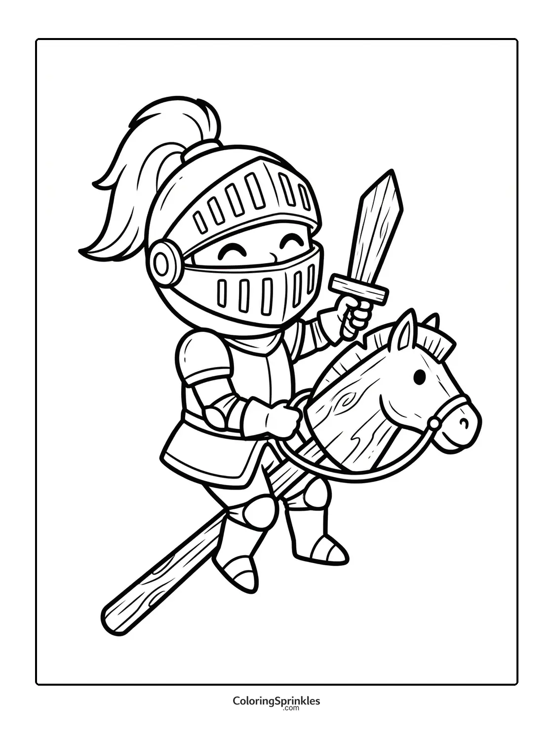 Coloring page of a knight in armor riding a wooden hobby horse and holding a sword