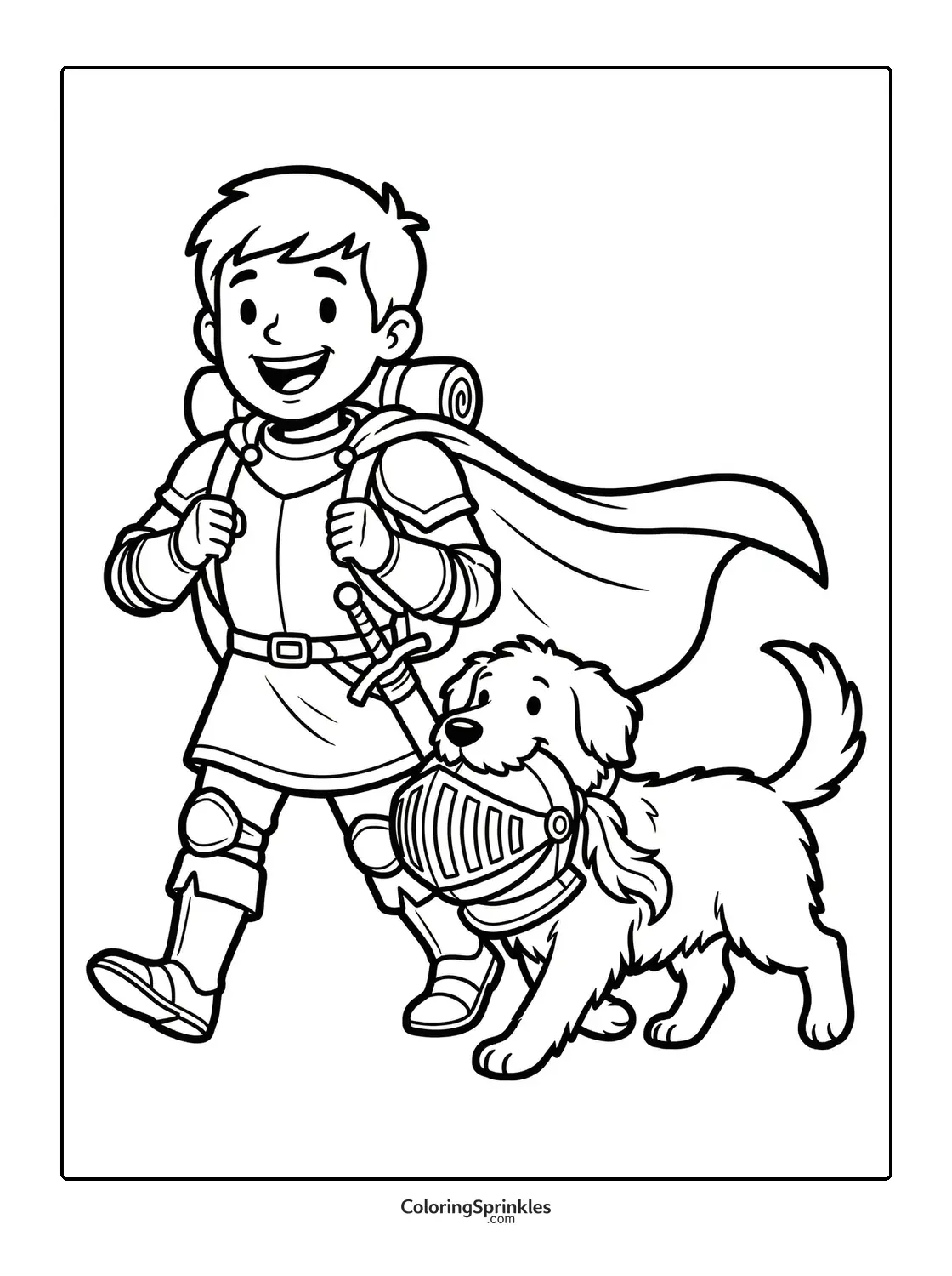 Coloring page of a knight boy walking with a dog carrying a helmet