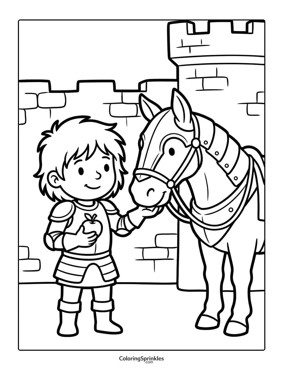 Coloring page of a young knight boy feeding an apple to a horse near a castle wall