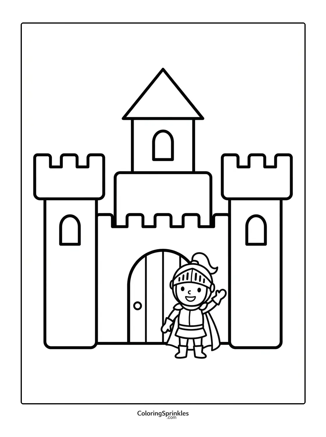 Coloring page of a child knight waving in front of a castle