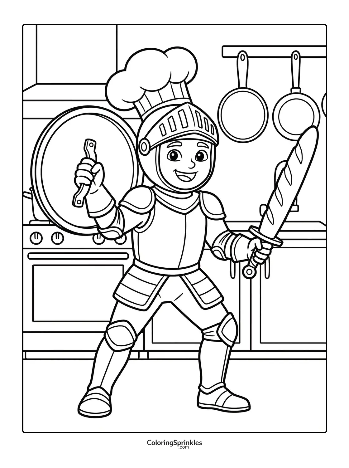 Coloring page of a knight wearing a chef hat in a kitchen holding a sword and shield