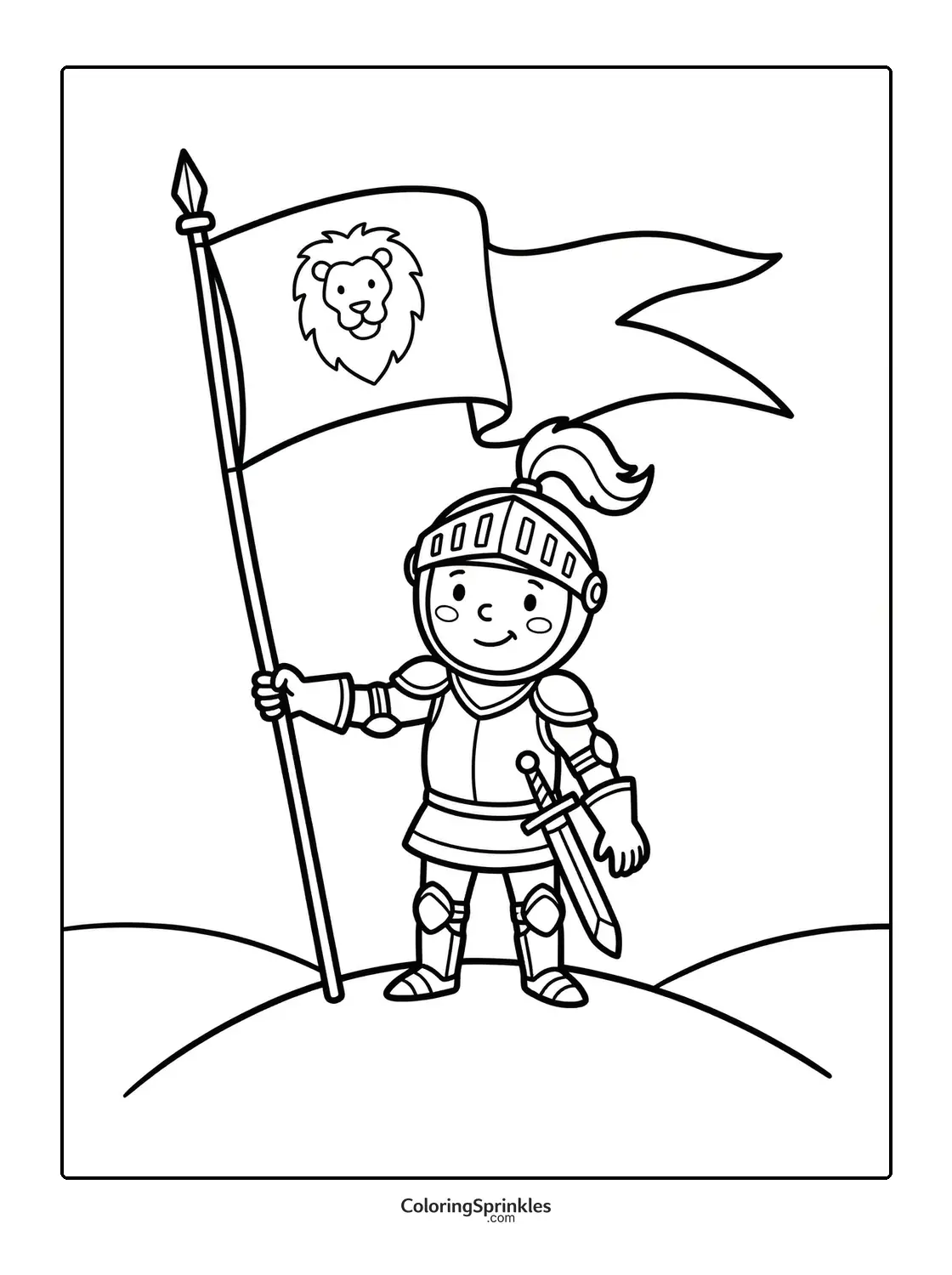 Coloring page of a child knight holding a flag with a lion emblem on a hill