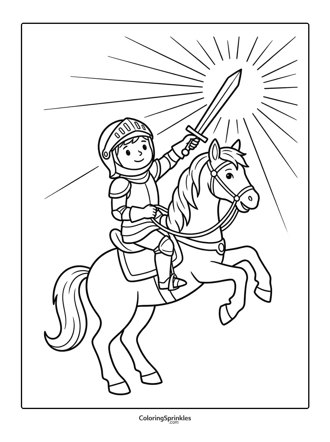 Coloring page of a child knight on a rearing horse with sword raised