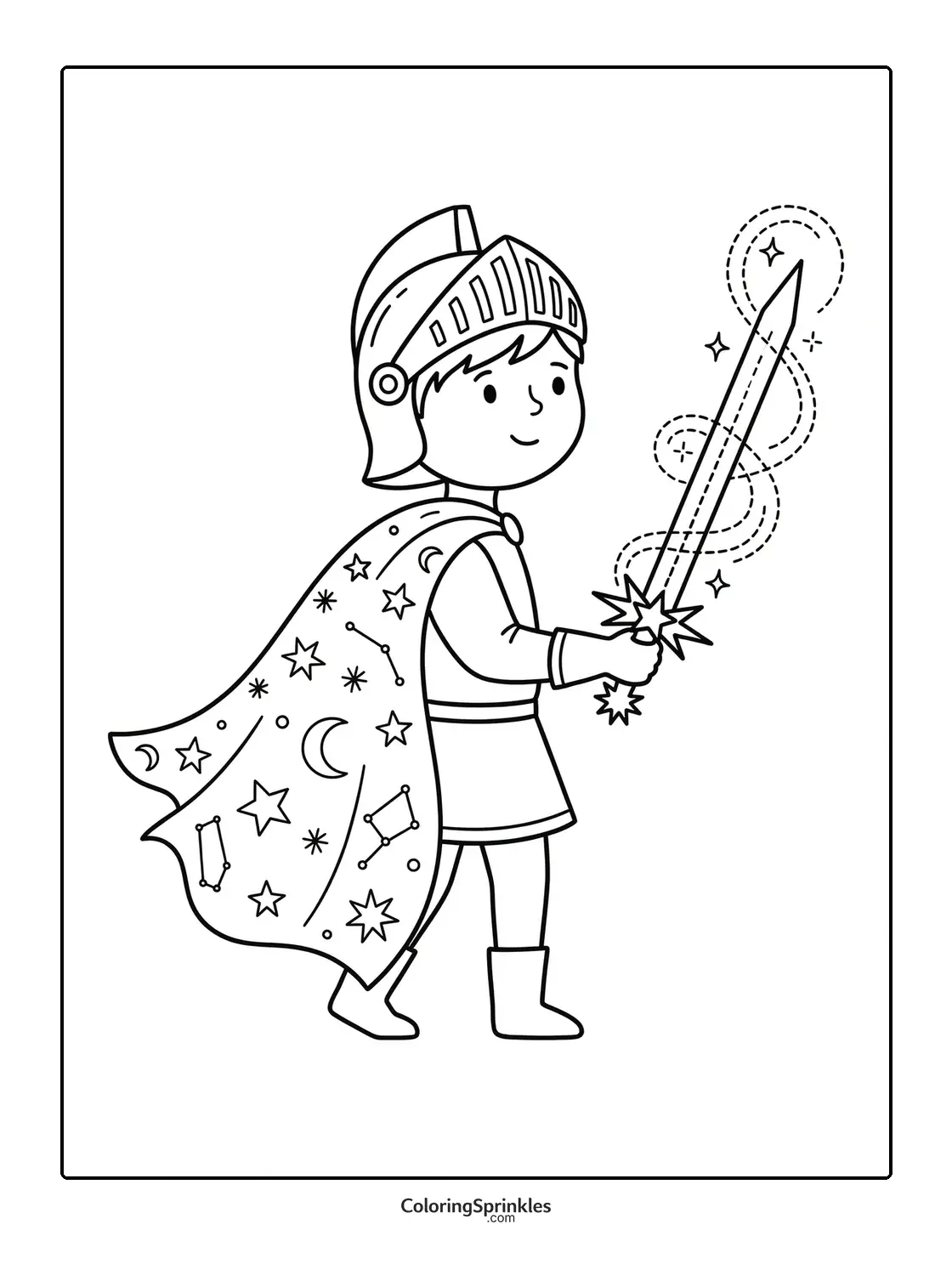 Coloring page of a child knight holding a magic sword with a starry cape