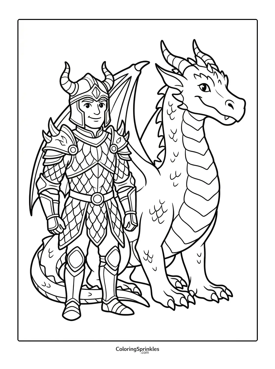 Coloring page of a knight in armor standing beside a dragon