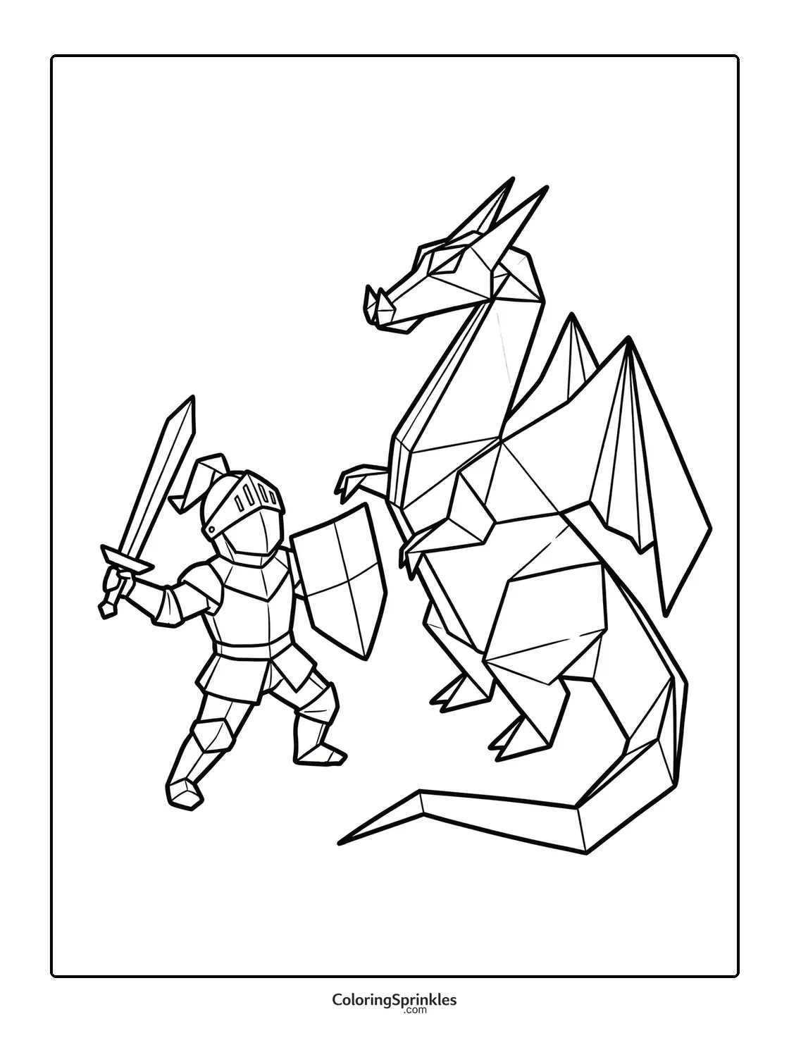 Coloring page of a knight in armor fighting a dragon