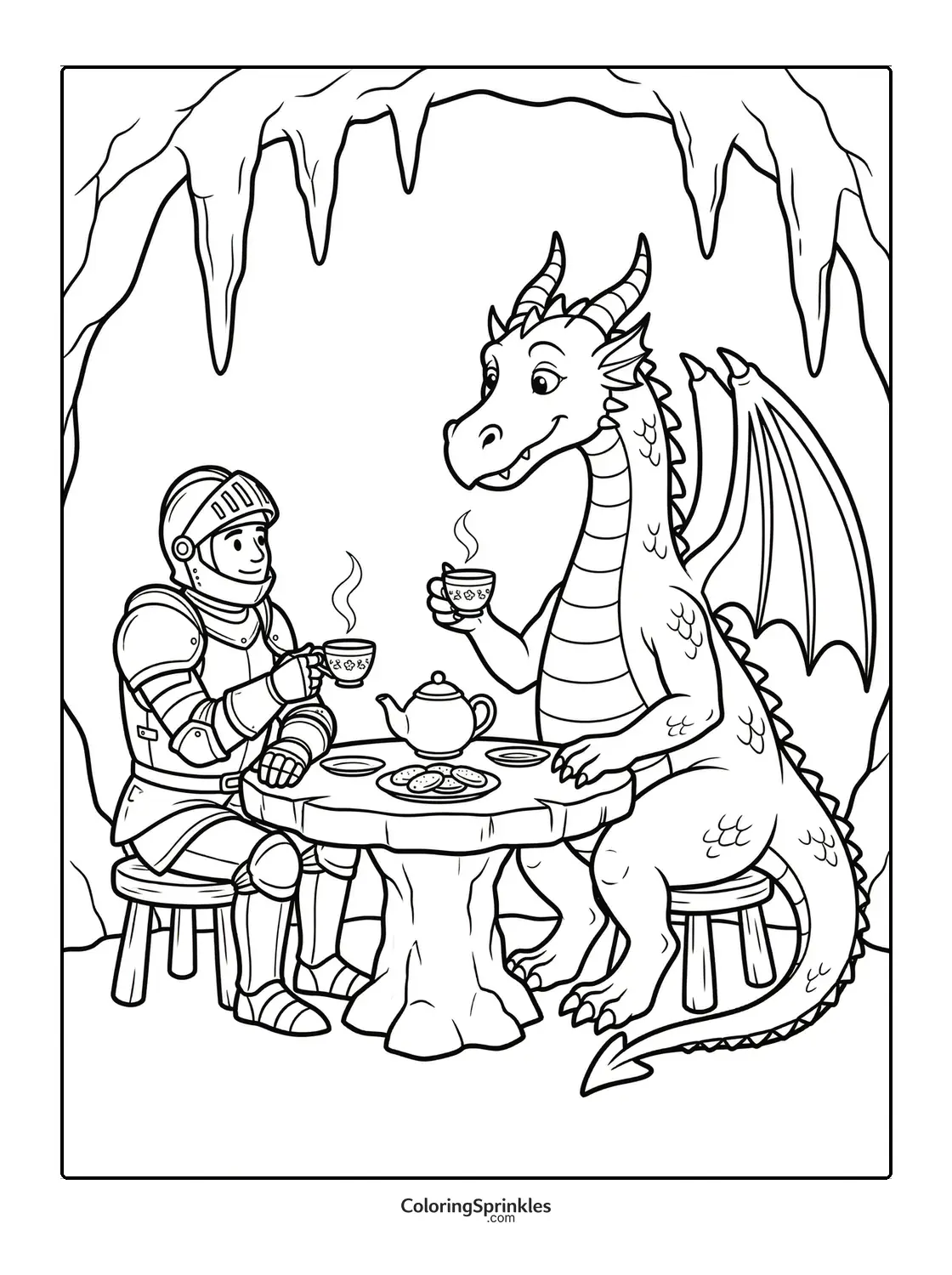 Coloring page of a knight and a dragon having tea in a cave