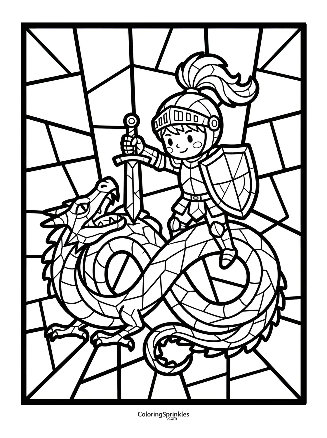 Coloring page of a knight fighting a dragon in stained glass style