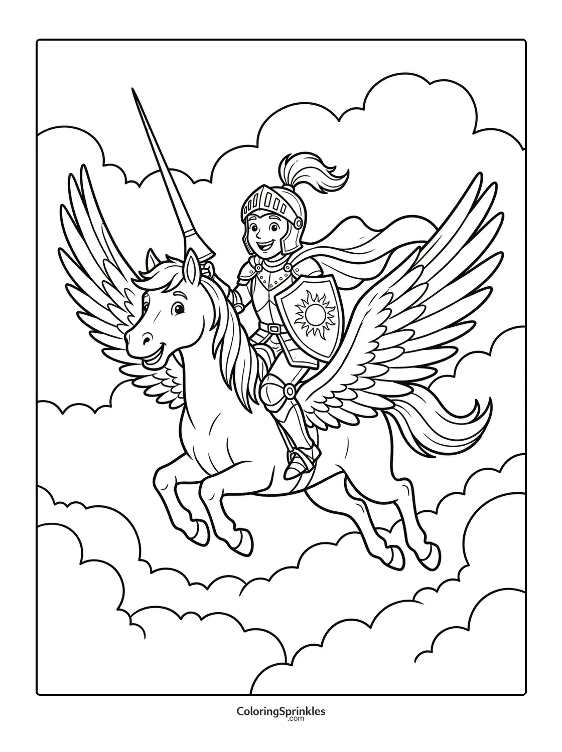 Coloring page of a knight flying on a pegasus through clouds