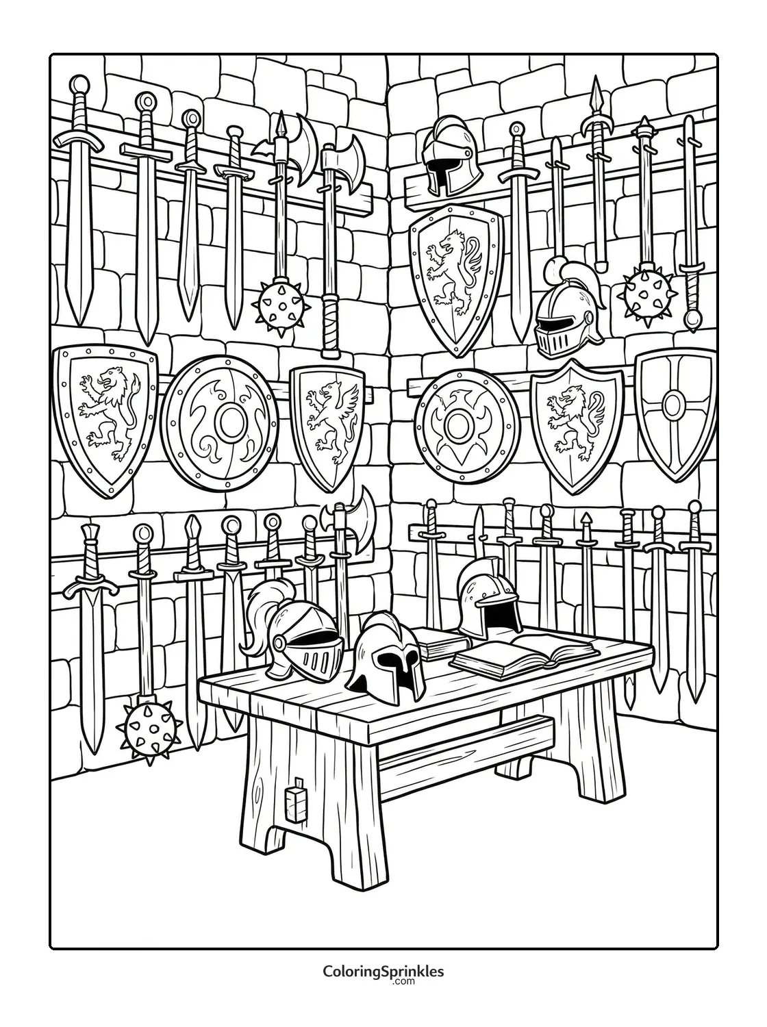 Coloring page of a medieval room with knight helmets, swords, and shields