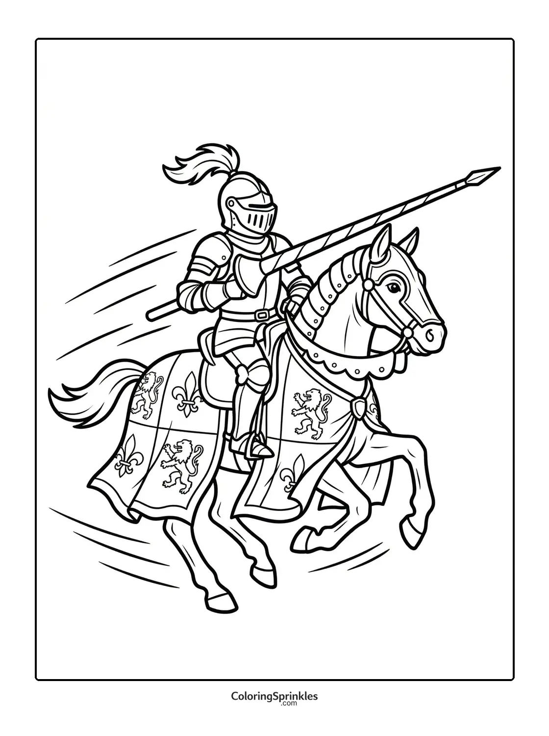 Coloring page of a knight jousting on an armored horse