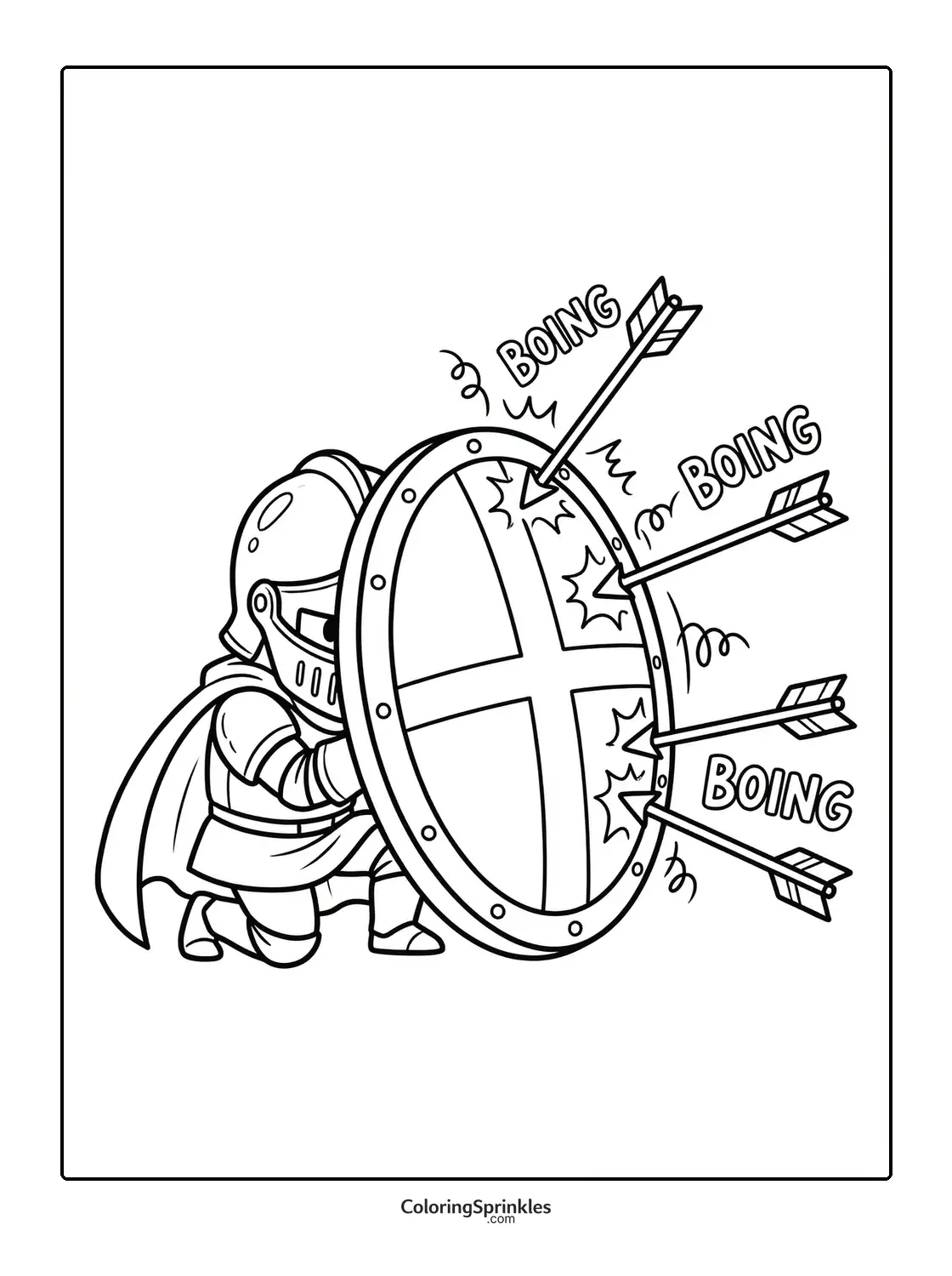 Coloring page of a knight kneeling behind a shield with arrows bouncing off