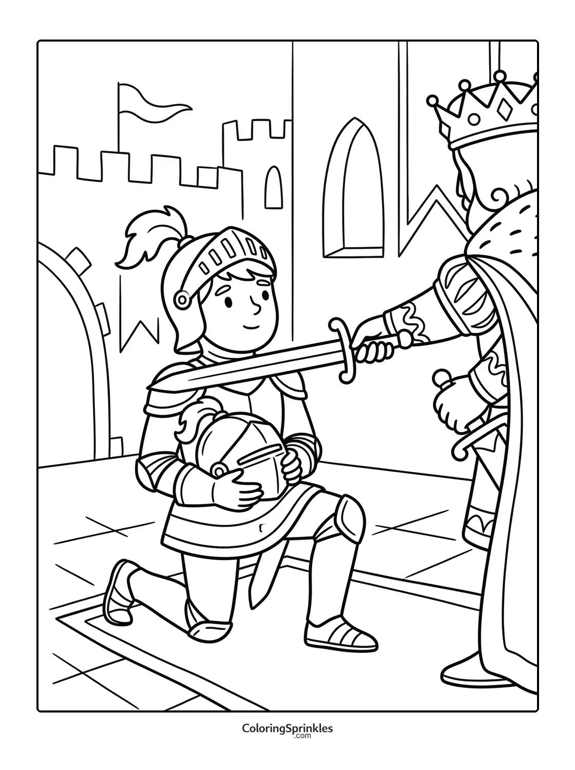 Coloring page of a knight kneeling during a sword ceremony in a castle