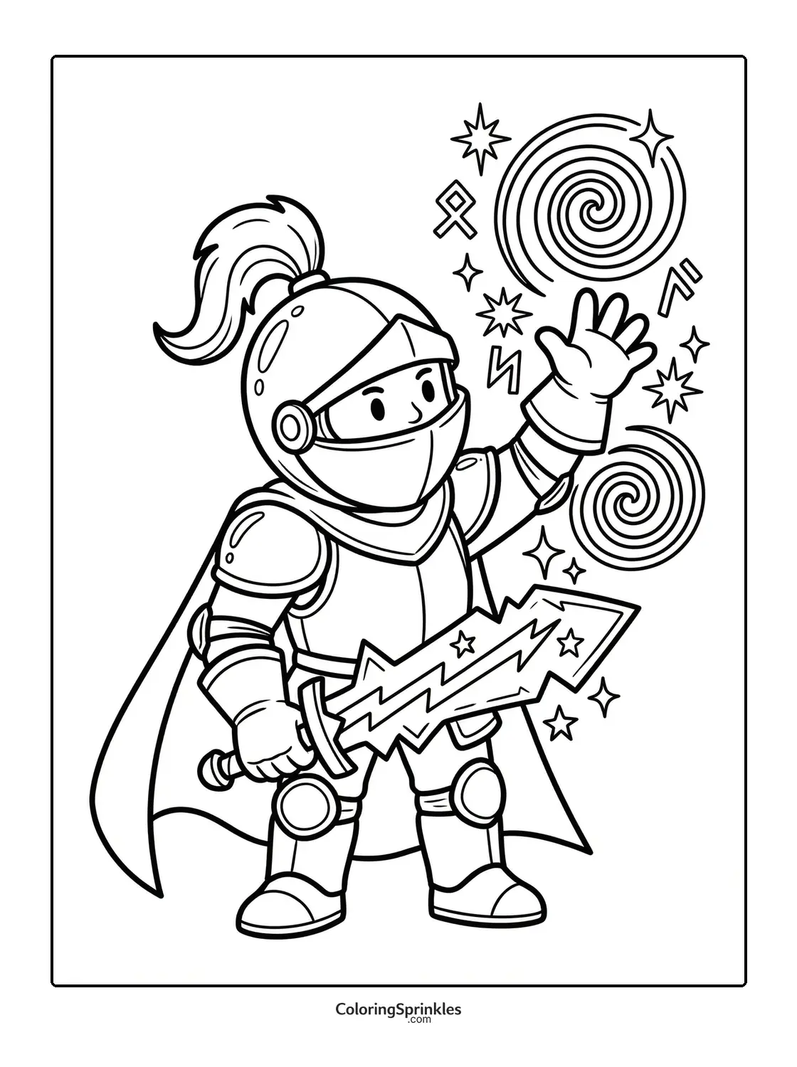 Coloring page of a knight with a magic sword and cape casting a spell