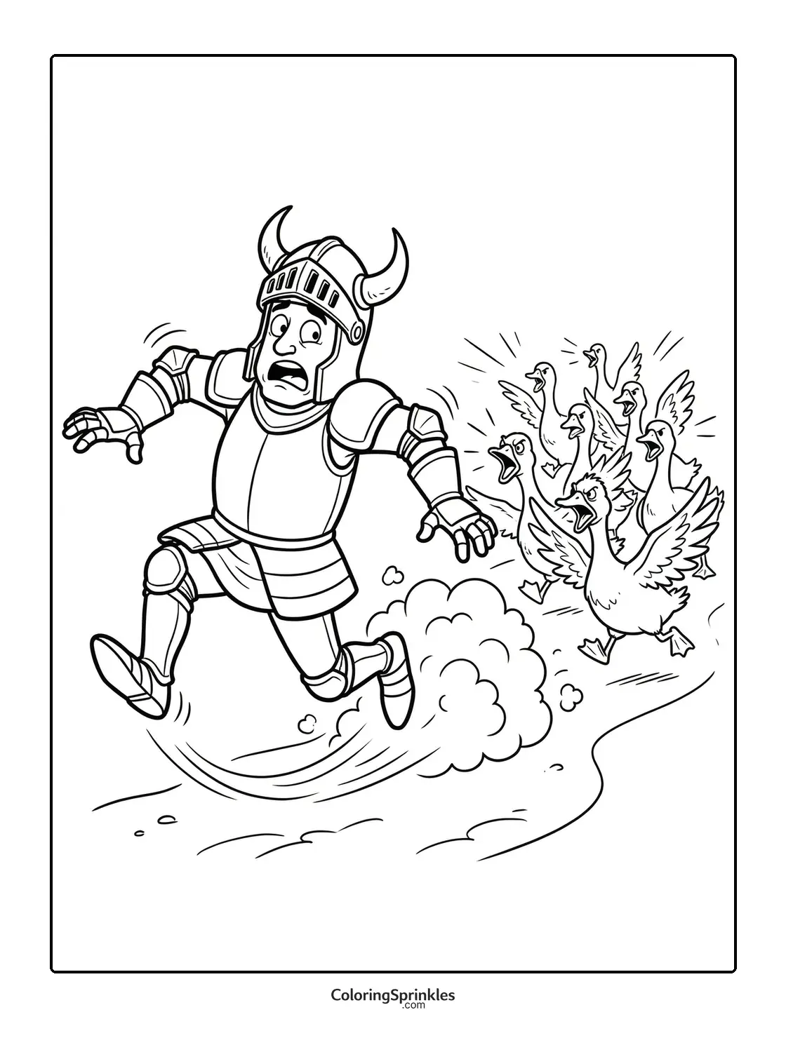 Coloring page of a knight running away from a flock of angry geese