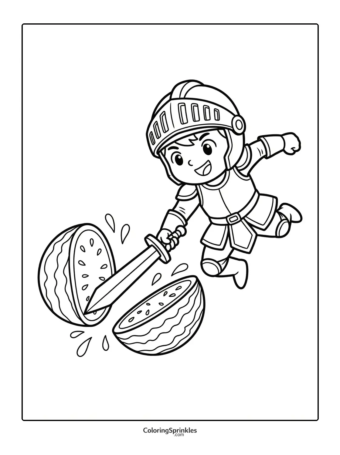 Coloring page of a knight slicing a watermelon with a sword