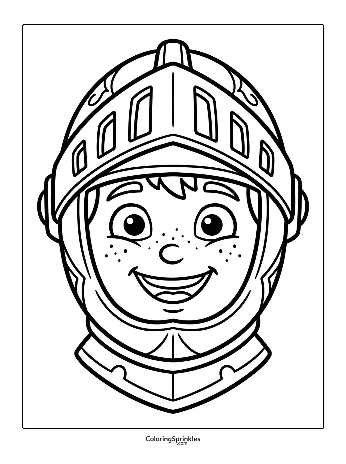 Coloring page of a smiling child wearing a knight helmet