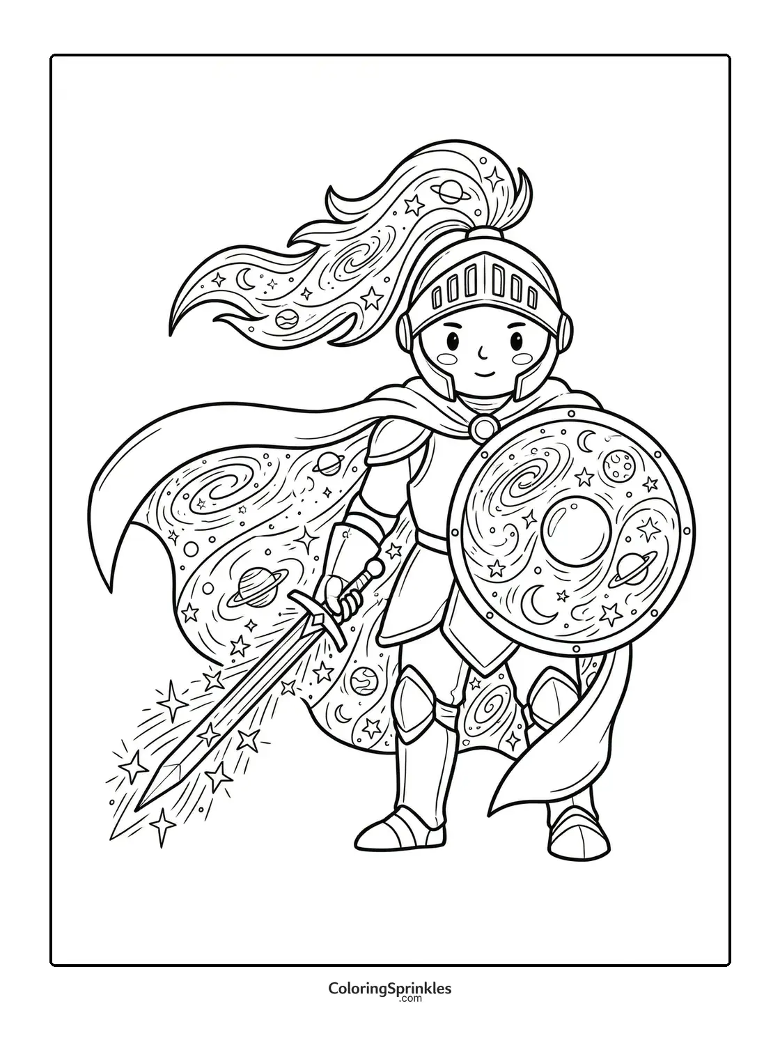 Coloring page of a knight with space-themed sword, shield, and cape