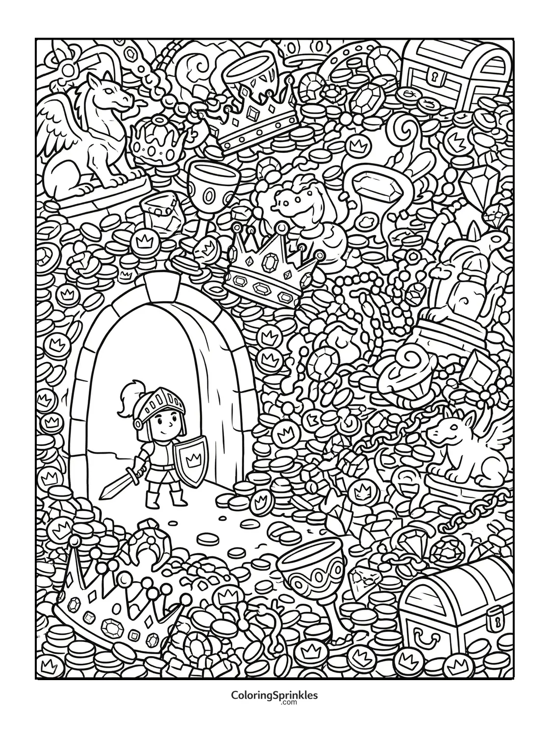 Coloring page of a knight standing in a treasure hoard filled with crowns and gems