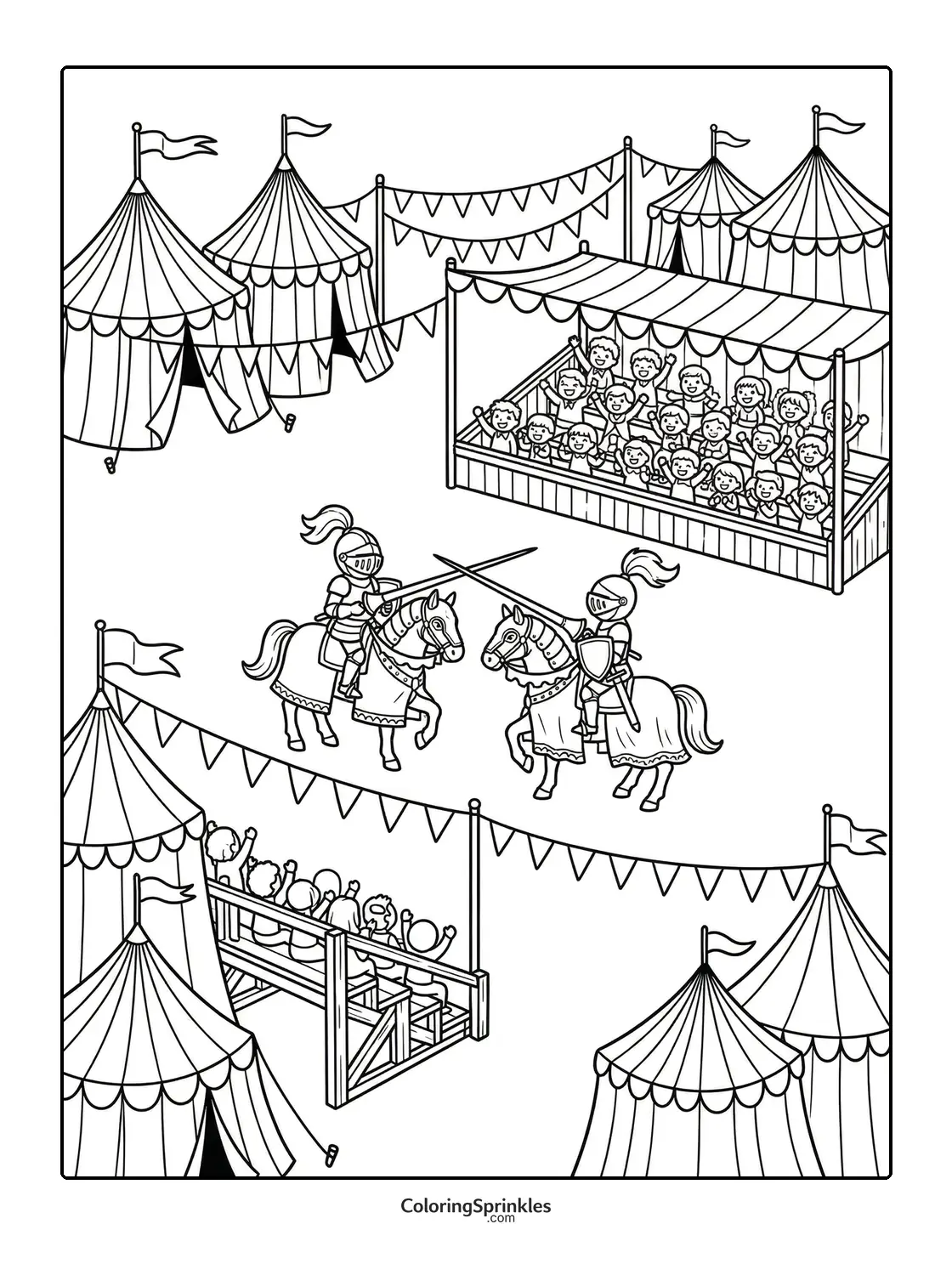 Coloring page of knights jousting at a tournament with tents and cheering crowd