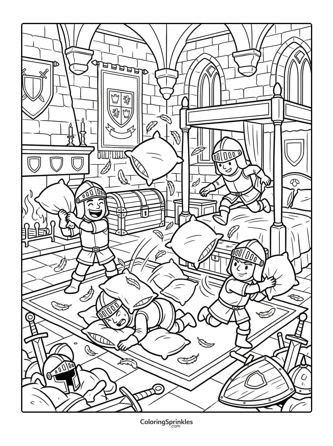 Coloring page of knights having a pillow fight in a castle bedroom