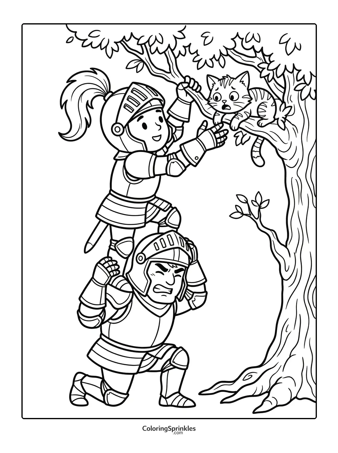 Coloring page of two knights rescuing a cat from a tree