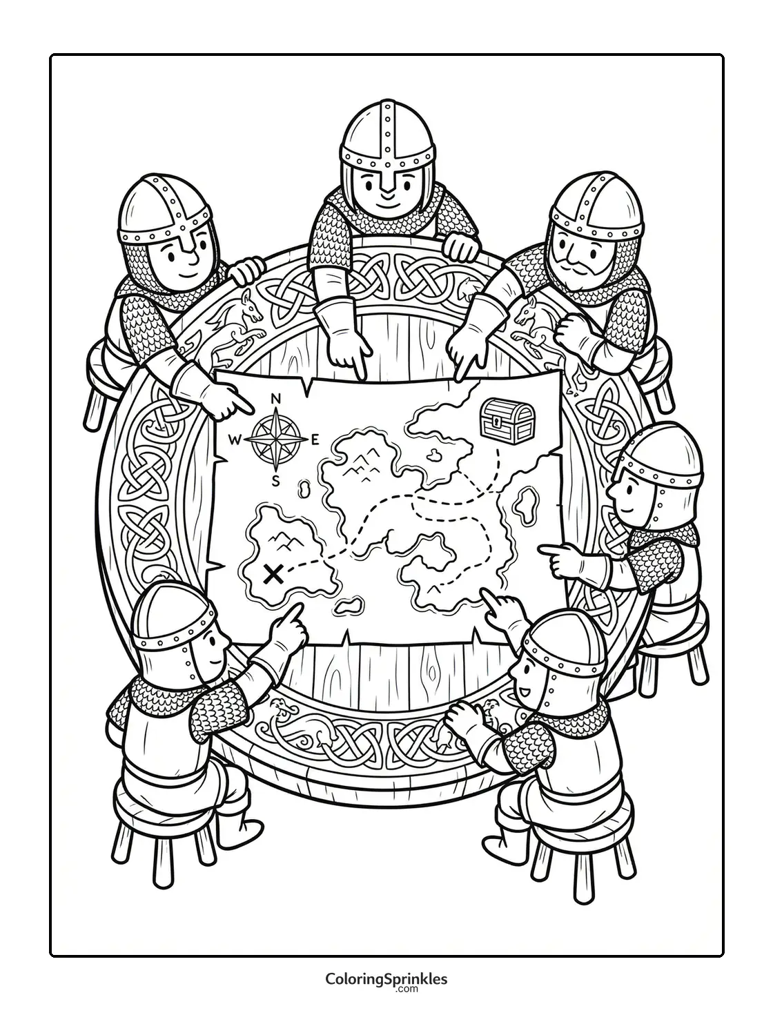 Coloring page of knights sitting around a round table looking at a treasure map