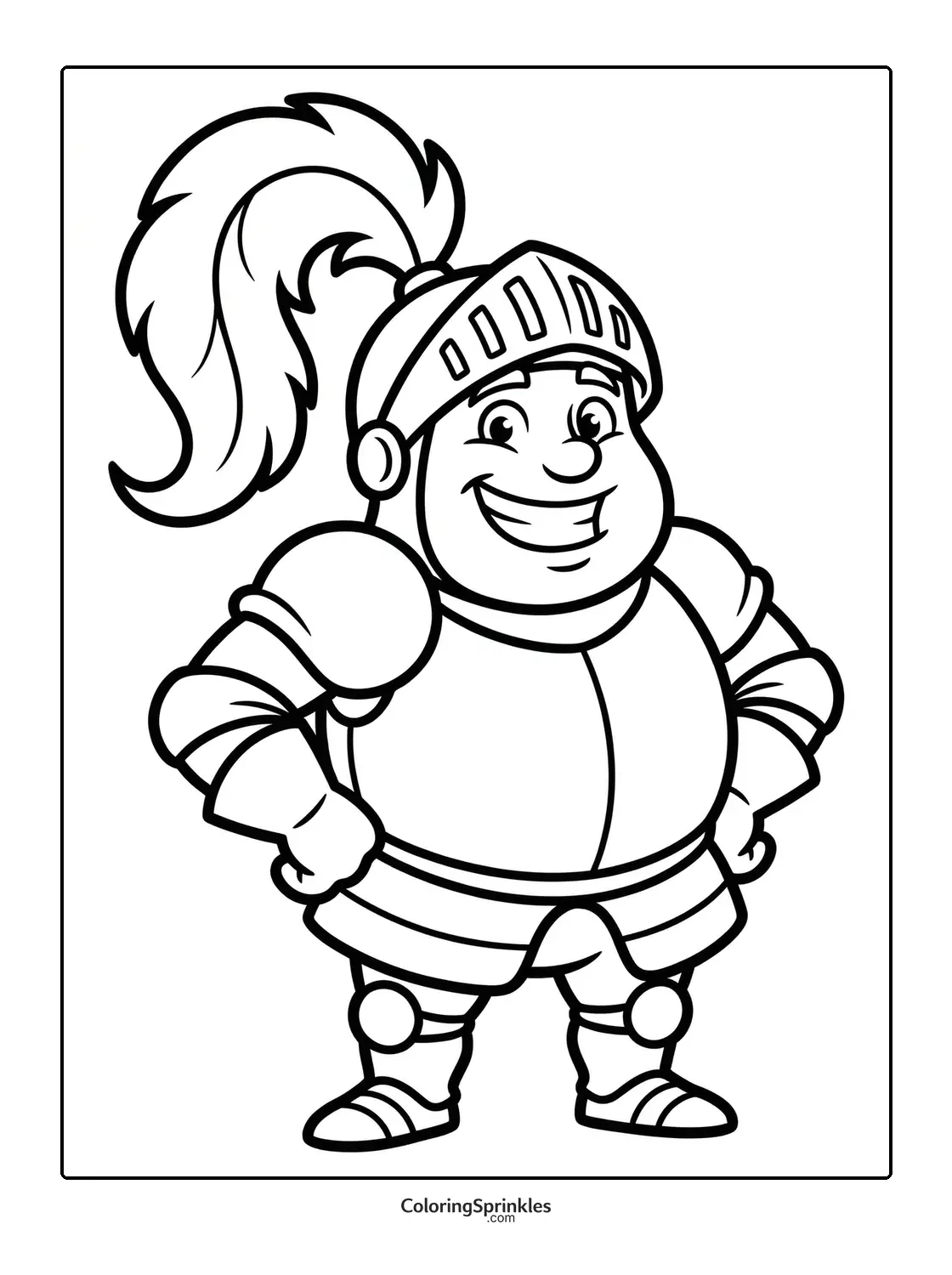 Coloring page of a smiling knight in armor with a feathered helmet