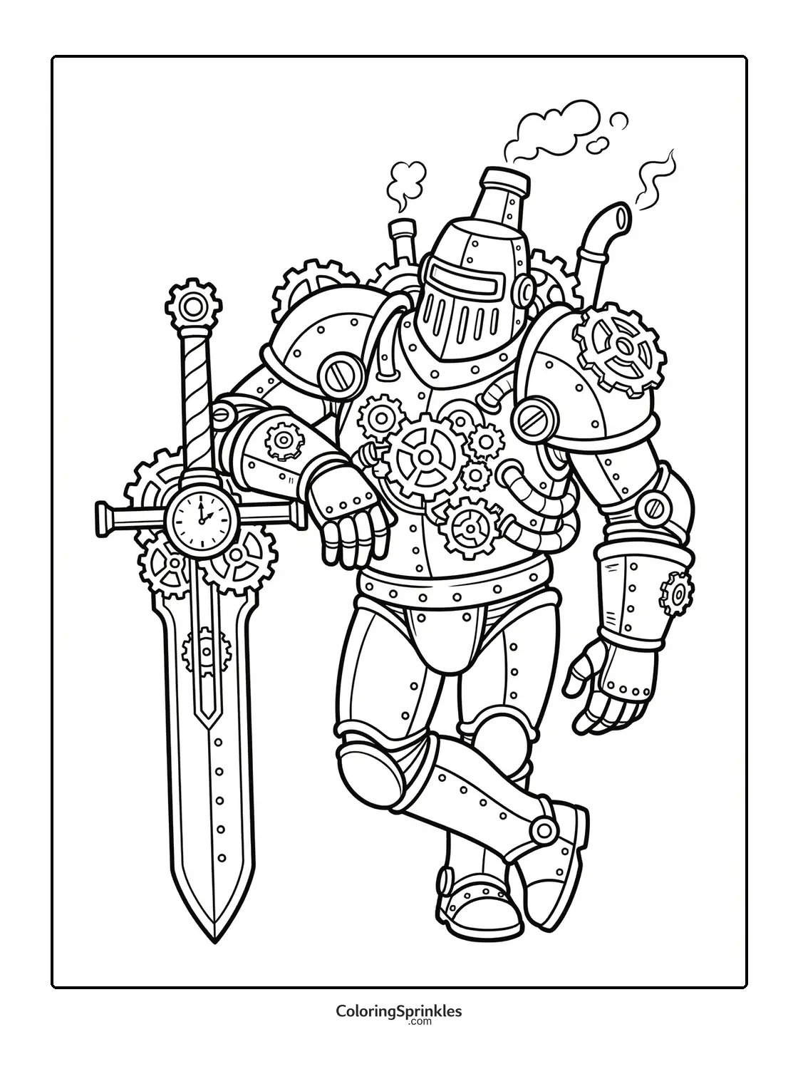 Coloring page of a steampunk knight in armor with gears and a large sword