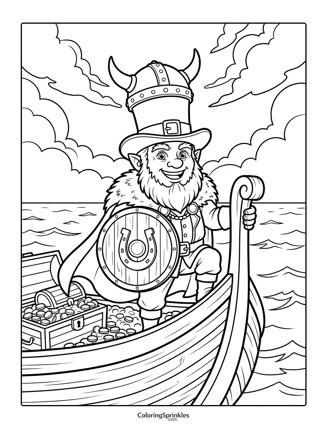 Coloring page of a leprechaun dressed as a Viking standing on a boat with a treasure chest at sea