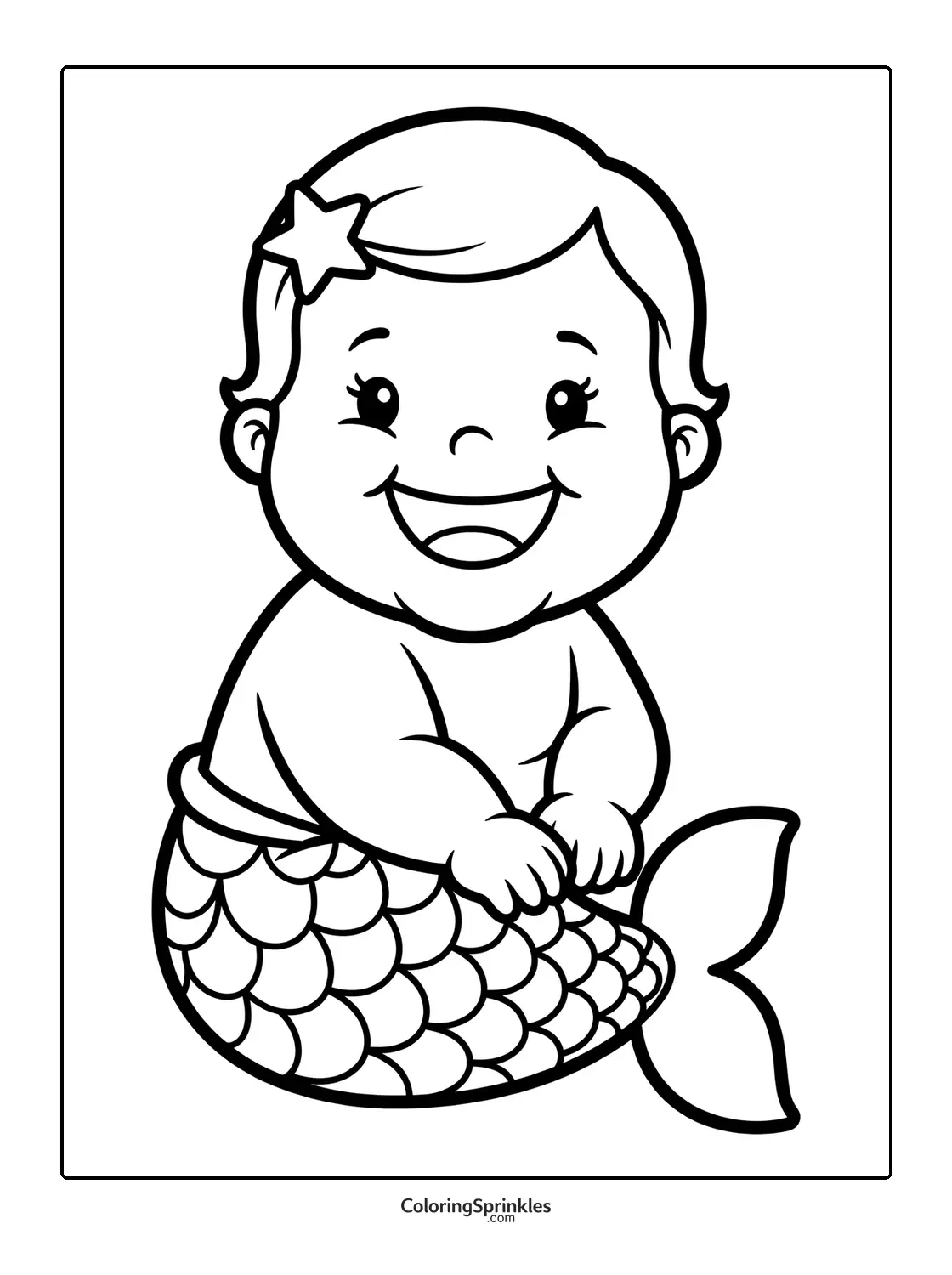 Coloring page of a smiling baby mermaid with a starfish hairclip