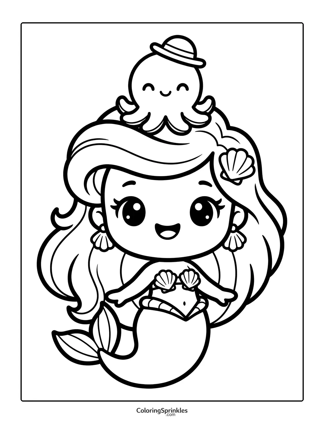 Coloring page of a cute mermaid with an octopus hat and shell accessories
